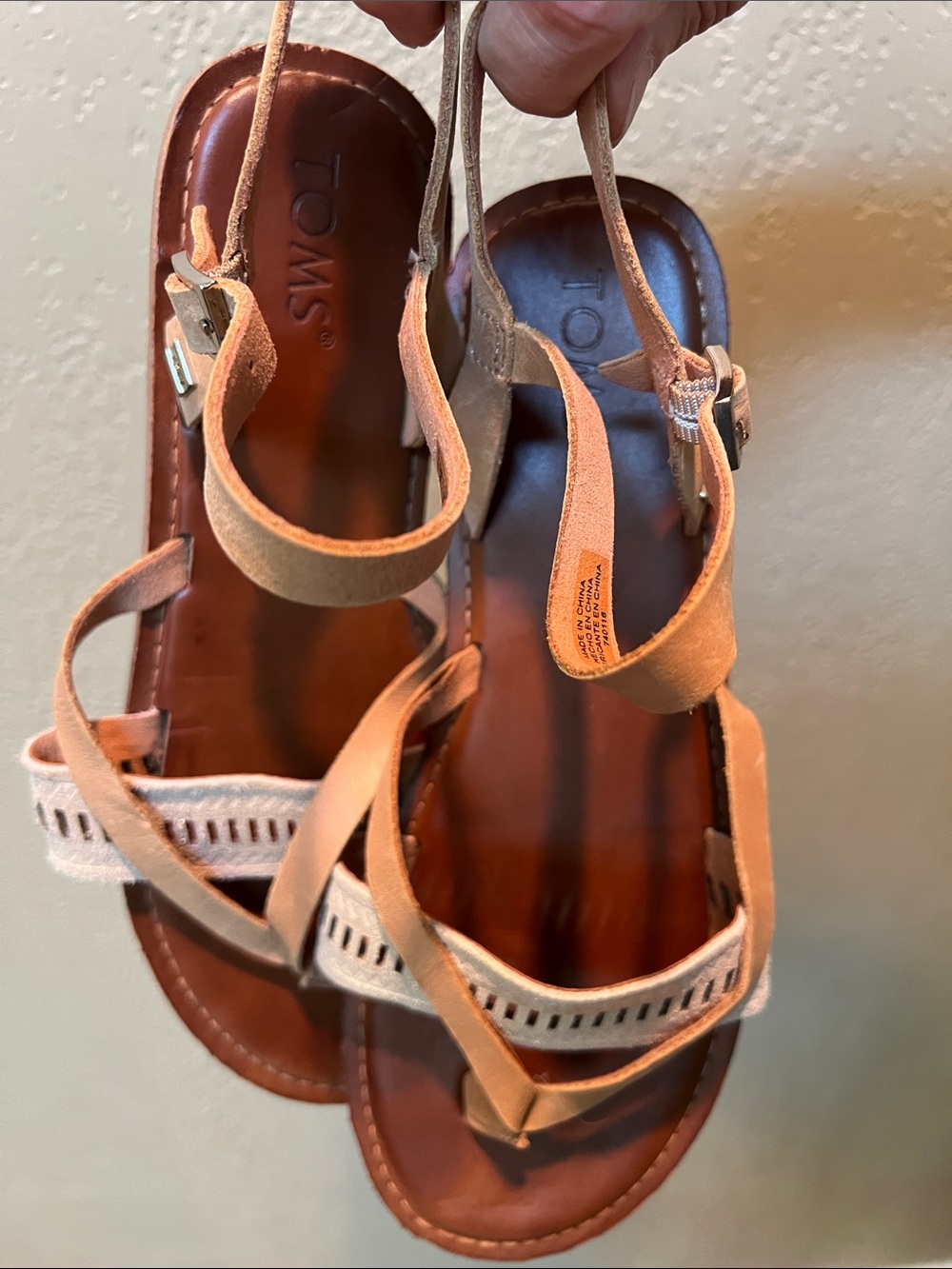 TOMS Beige/Tan Strappy Leather Flat Sandals